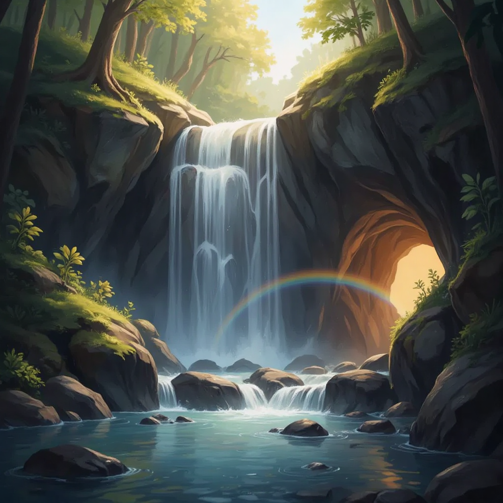 A softly roaring waterfall with a glowing cave entrance behind it.