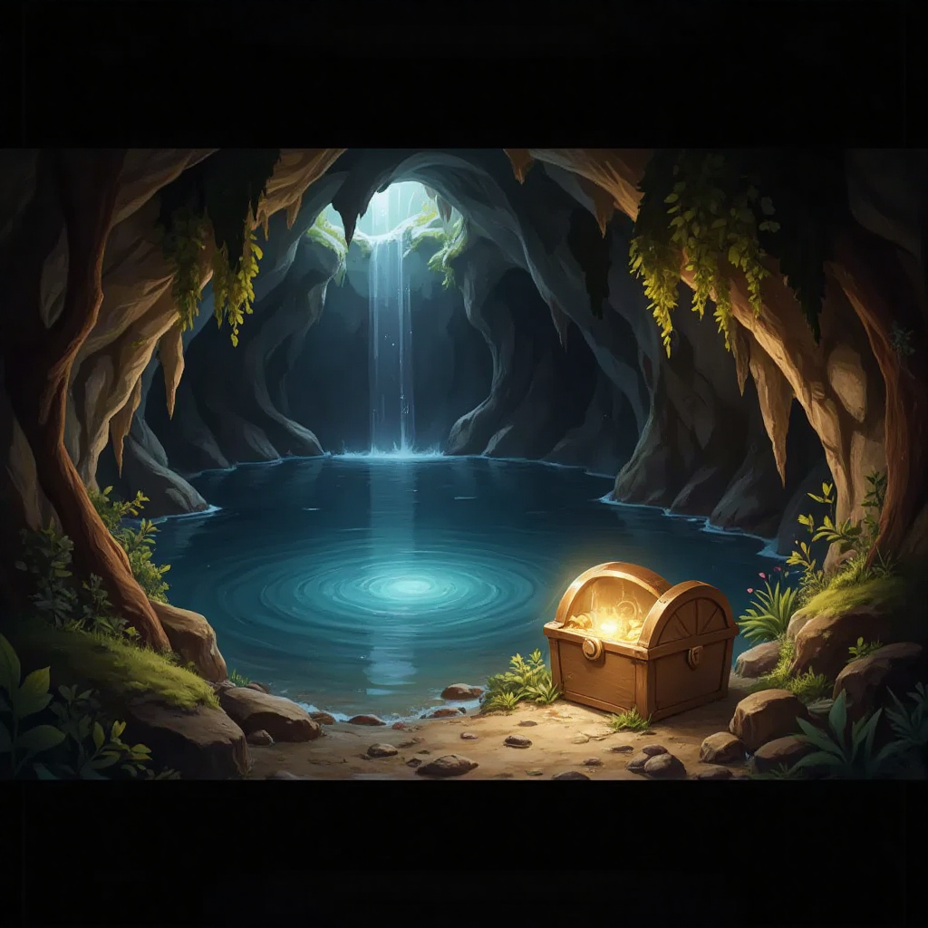 A shimmering pool inside a cave with a golden chest near its edge.