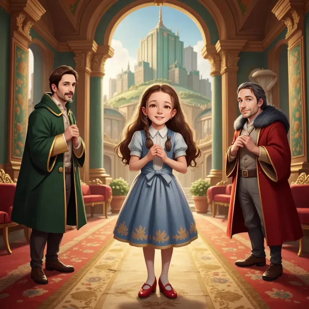 Dorothy with a warm smile, standing in the grand palace of Oz, clicking her heels. The wise wizard Oz watching her.