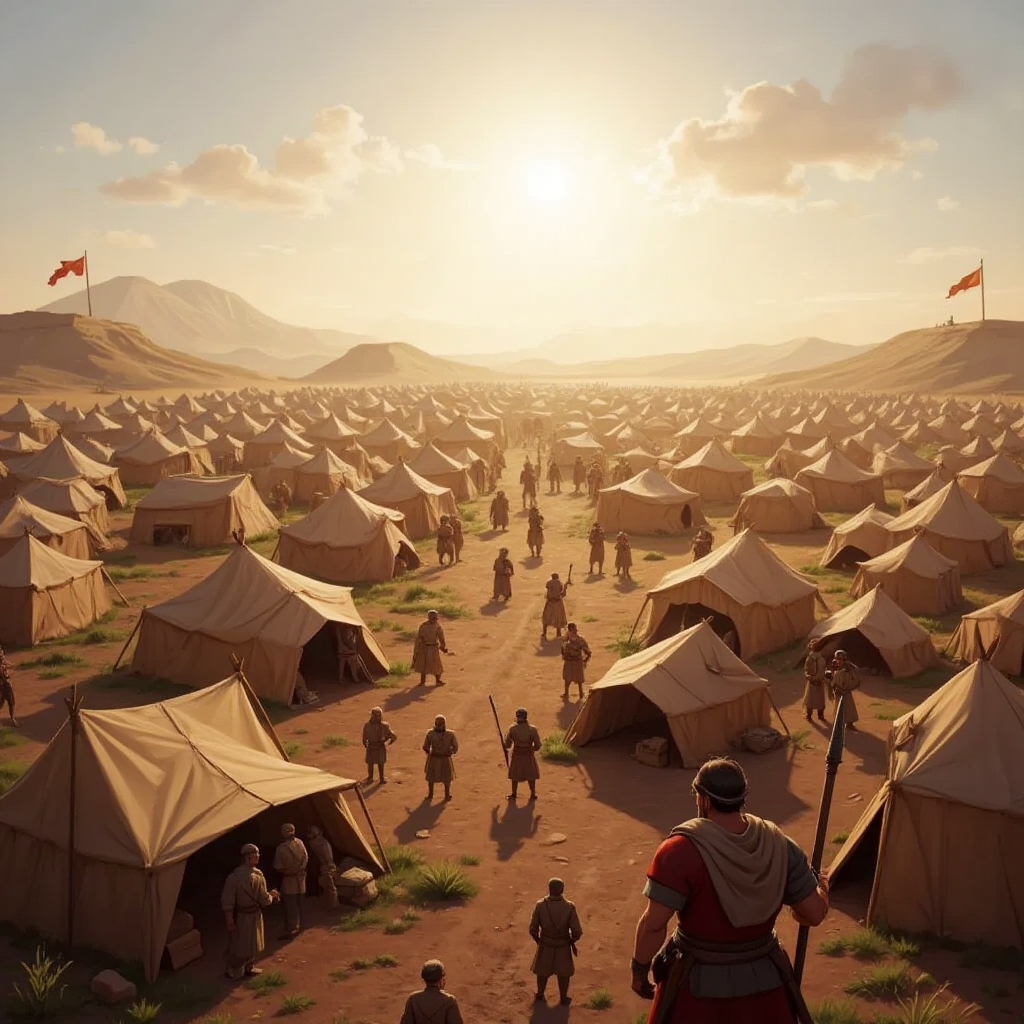 A vast battlefield in Al Sham with tents and warriors, under a bright sky filled with hope and courage.