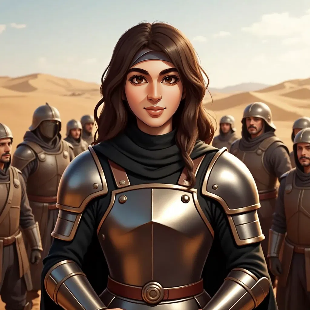 Khawlah bint Al-Azwar standing confidently in armor, surrounded by admiring soldiers, with a desert landscape in the background.