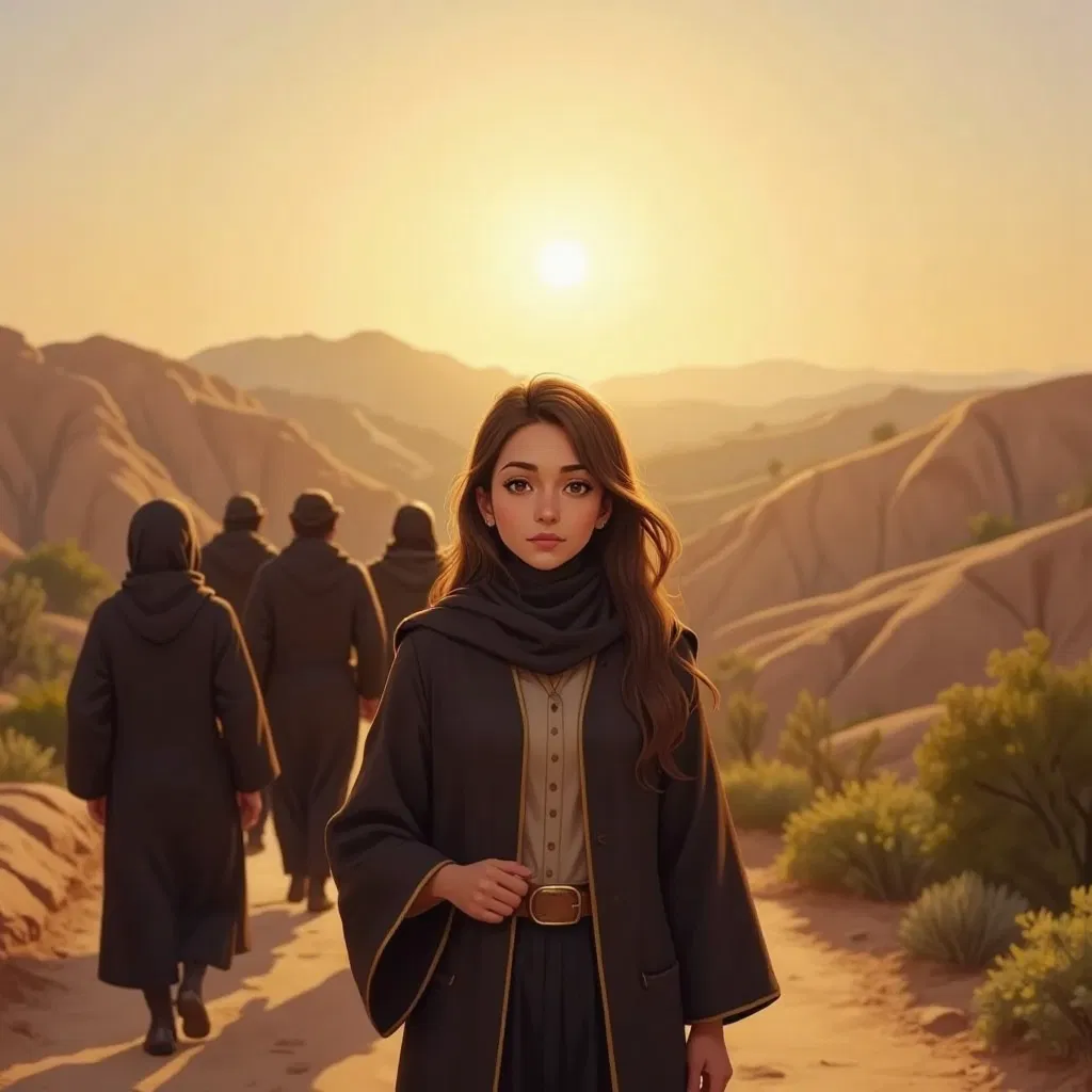 Khawlah bint Al-Azwar and her companions on a journey, walking under a bright sky with a hopeful sunrise.