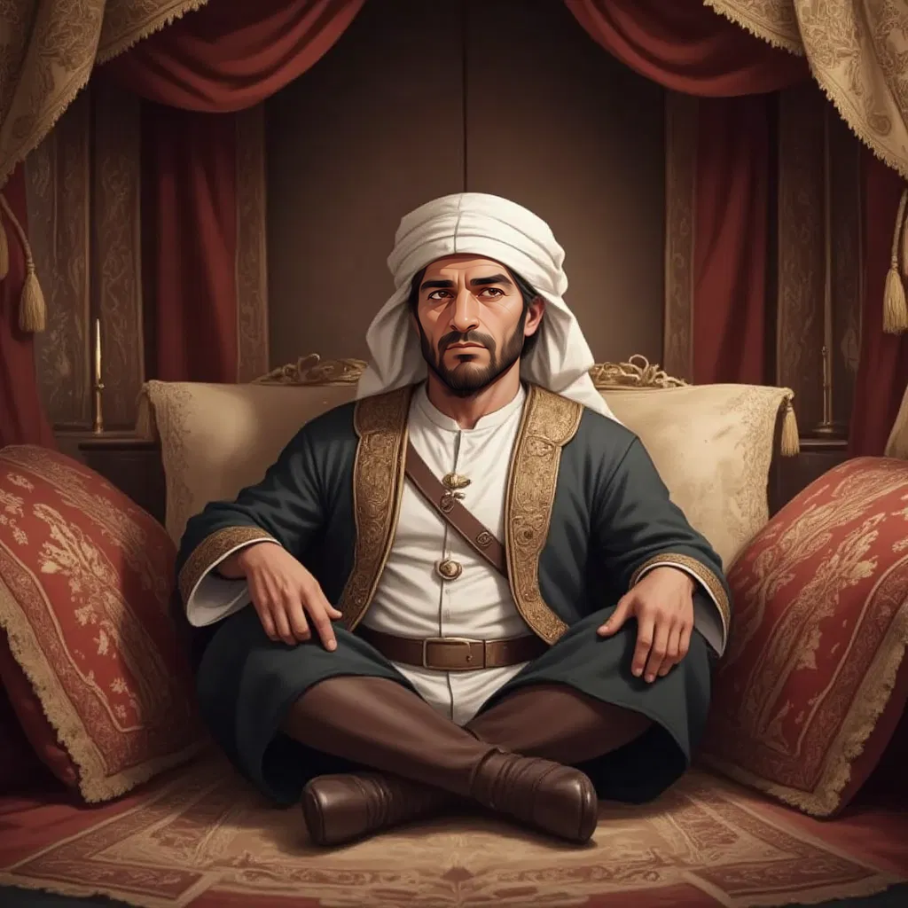 Khalid Ibn Al Walid, a wise man with a thoughtful expression, listening to tales of a fierce warrior in a tent.