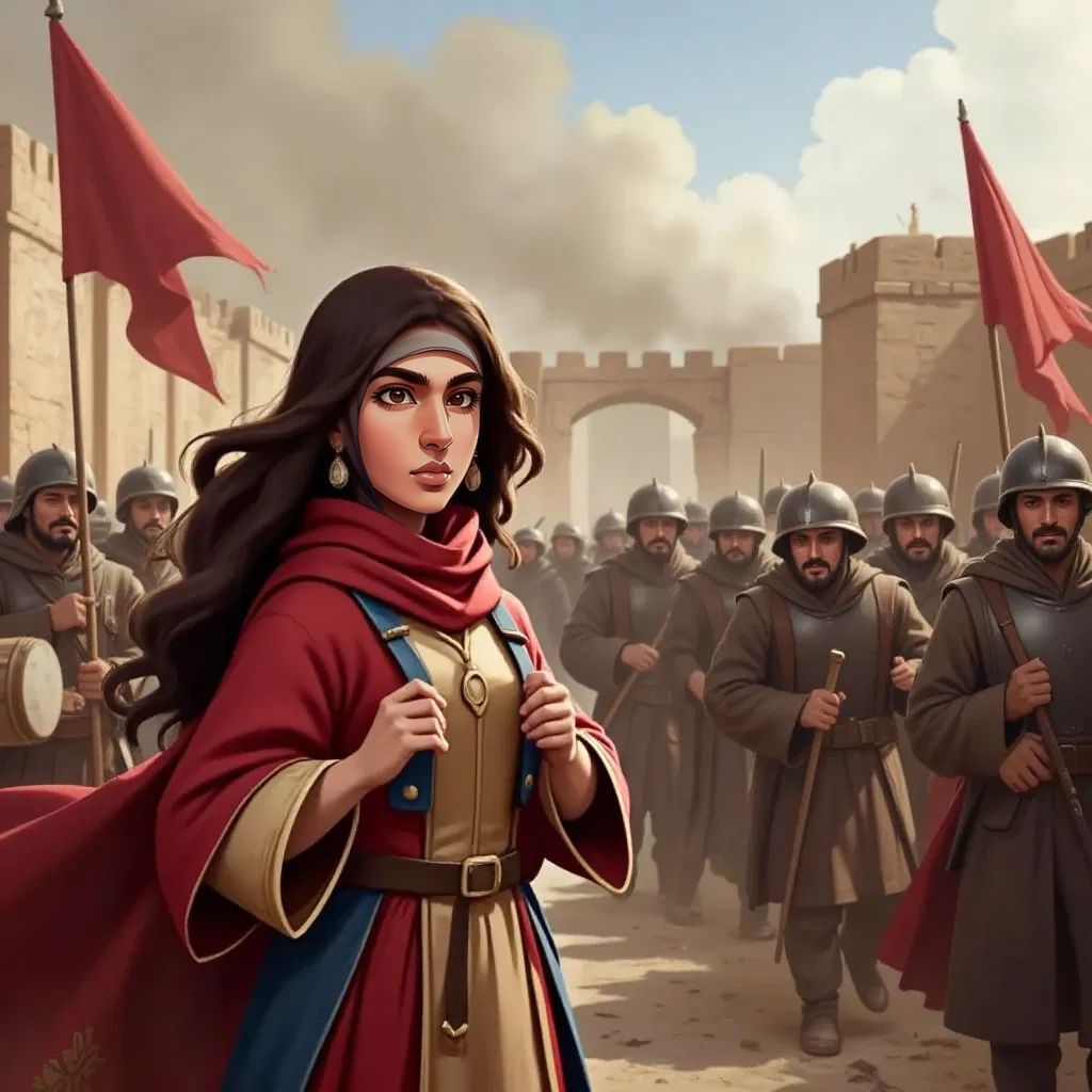 Khawlah bint Al-Azwar leading soldiers during the siege of Damascus, with drums and shouts filling the air.