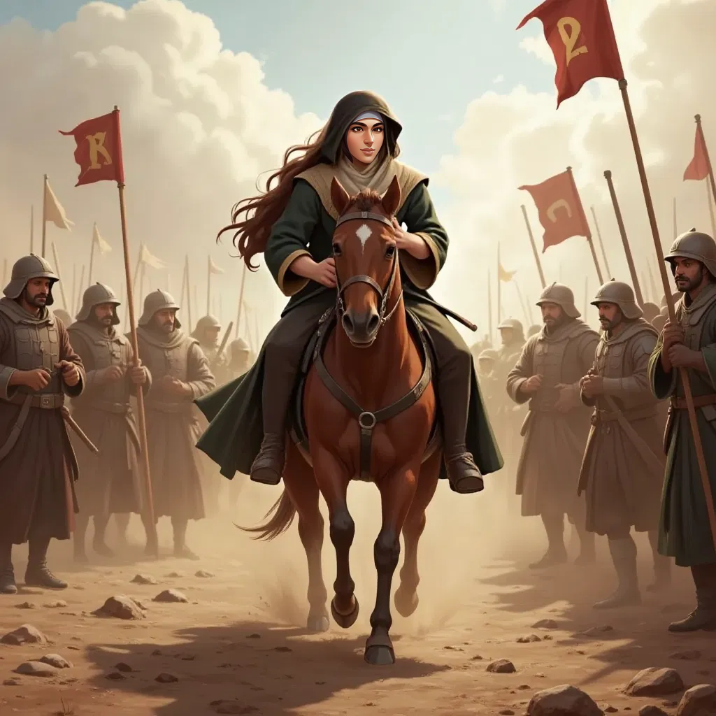 Khawlah bint Al-Azwar riding into battle near Ajnadin, her gaze steady and heart mighty, with paused enemy soldiers in the background.