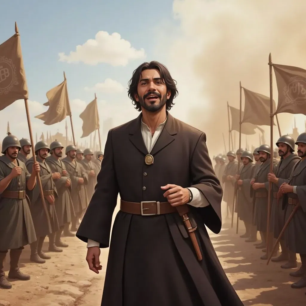 Khalid Ibn Al Walid, amazed, shouting in admiration on a battlefield filled with excitement and respect.