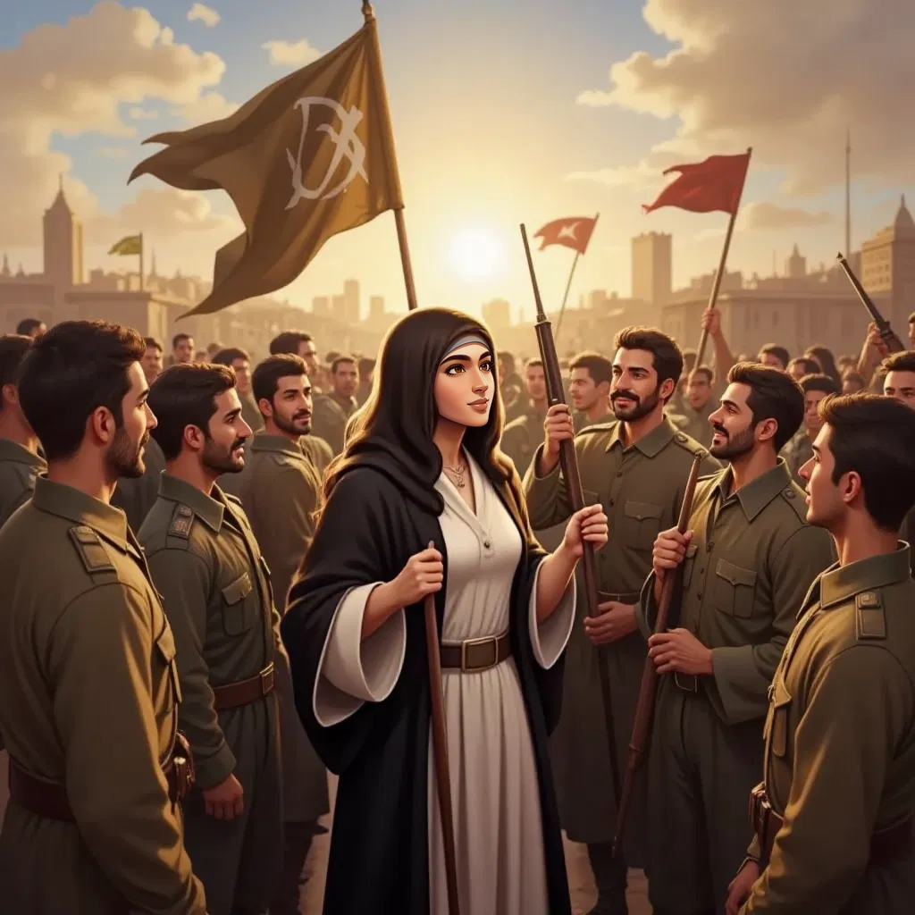 Brave soldiers celebrating a great victory, Khawlah bint Al-Azwar's spirit shining brightly among them.