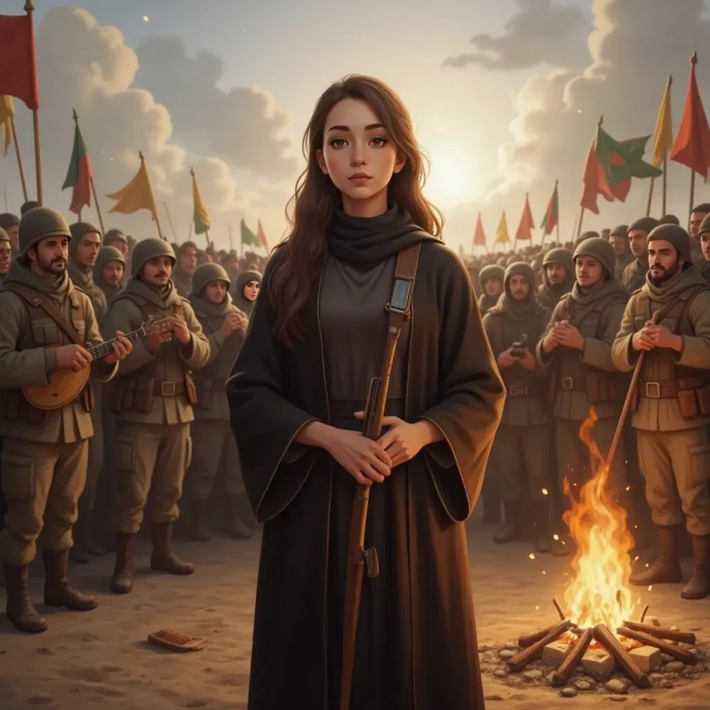 An army gathered to honor Khawlah bint Al-Azwar, sharing songs and stories of her bravery.