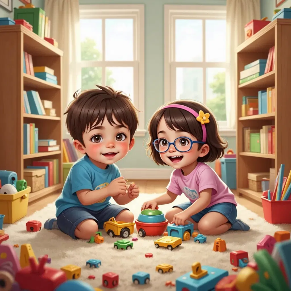Timmy and Emma laughing and playing in a bright and cheerful room, toys scattered around.