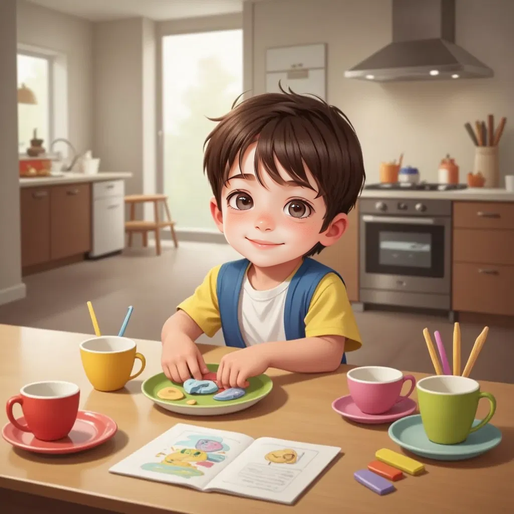 Timmy setting a table with colorful plates and cups, a drawing on the table.