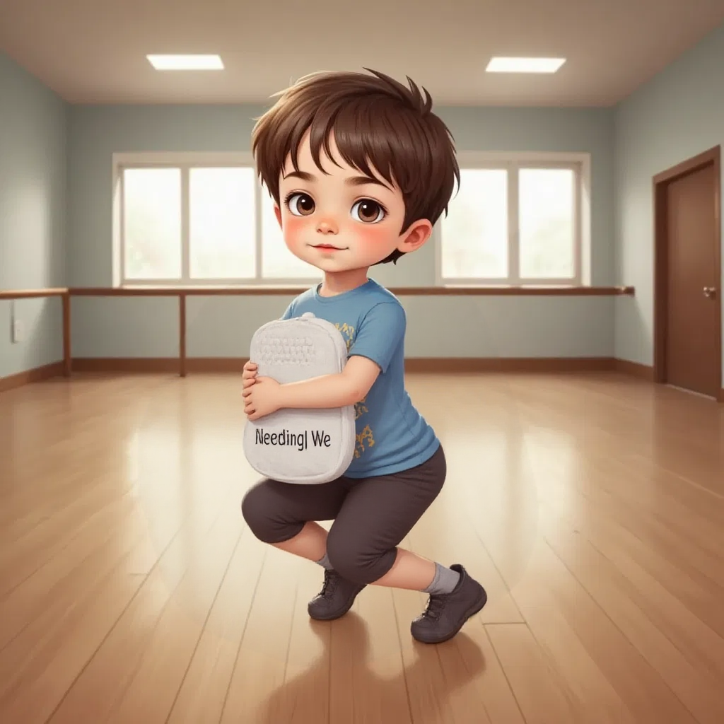 Timmy doing the Tippy-Toe Dance with a curious look, hopping on a wooden floor.