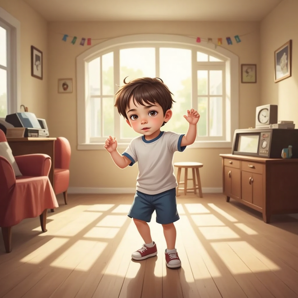 Timmy with a worried expression, dancing frantically in a bright room.