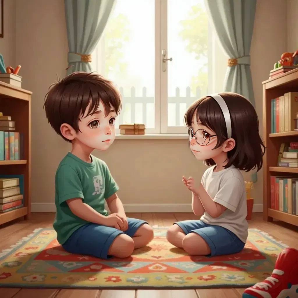 Timmy with a thoughtful expression, sitting on a rug, understanding Emma's words.