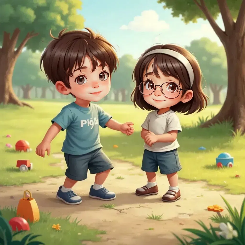 Timmy playing happily, taking a moment to check his body, Emma smiling nearby.