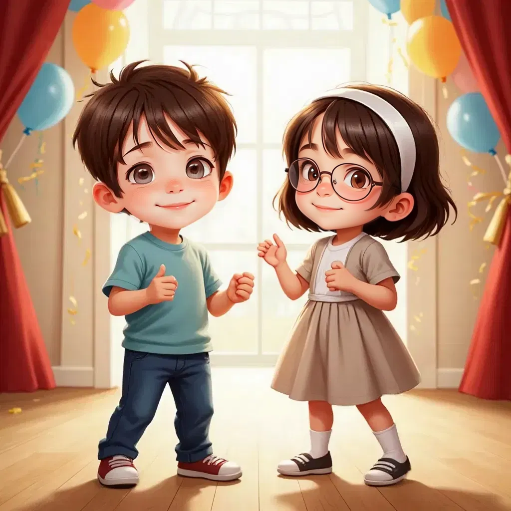 Timmy smiling, remembering the Tippy-Toe Dance, Emma cheering him on.