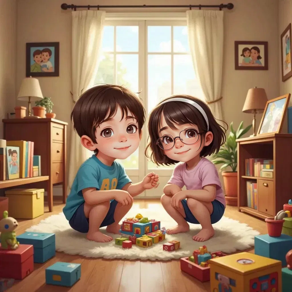Timmy and Emma playing together, their home filled with love and laughter.