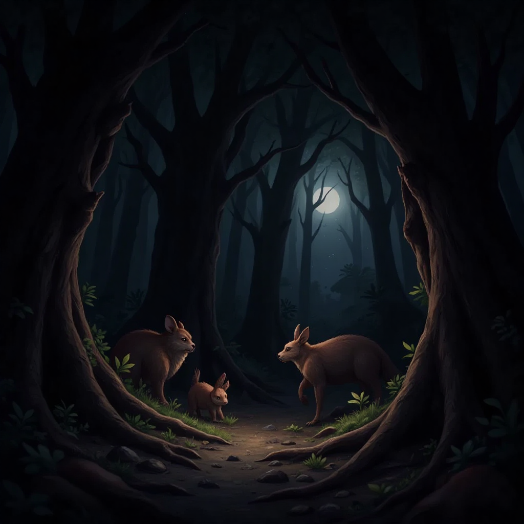 A dark forest with animals hiding in the shadows, moonlight completely absent from the night sky