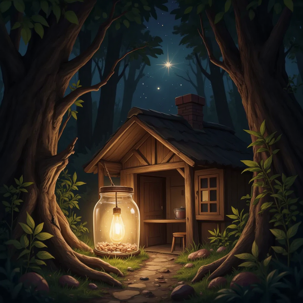 A hidden tree hideout with a giant glowing jar casting soft light on the surrounding area
