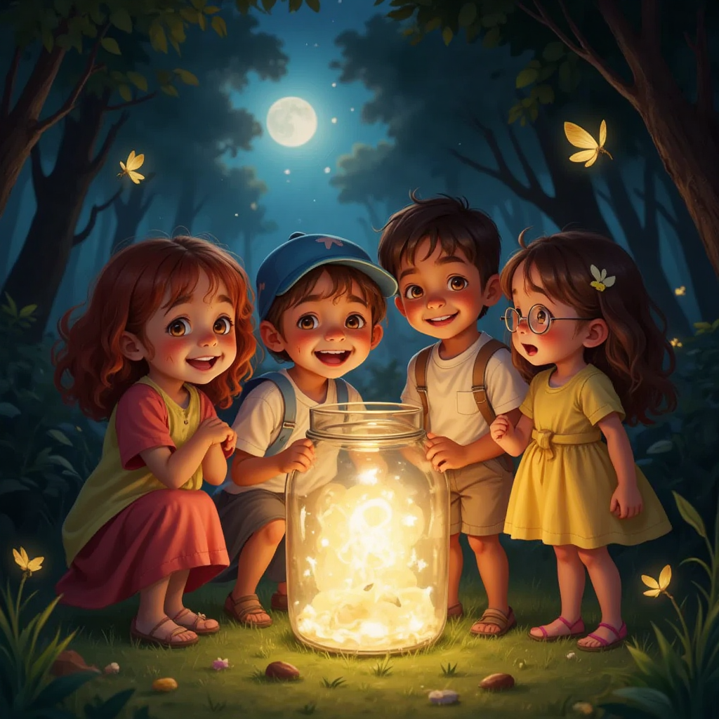 The Firefly Gang with mischievous expressions gathered around a large jar containing captured moonlight