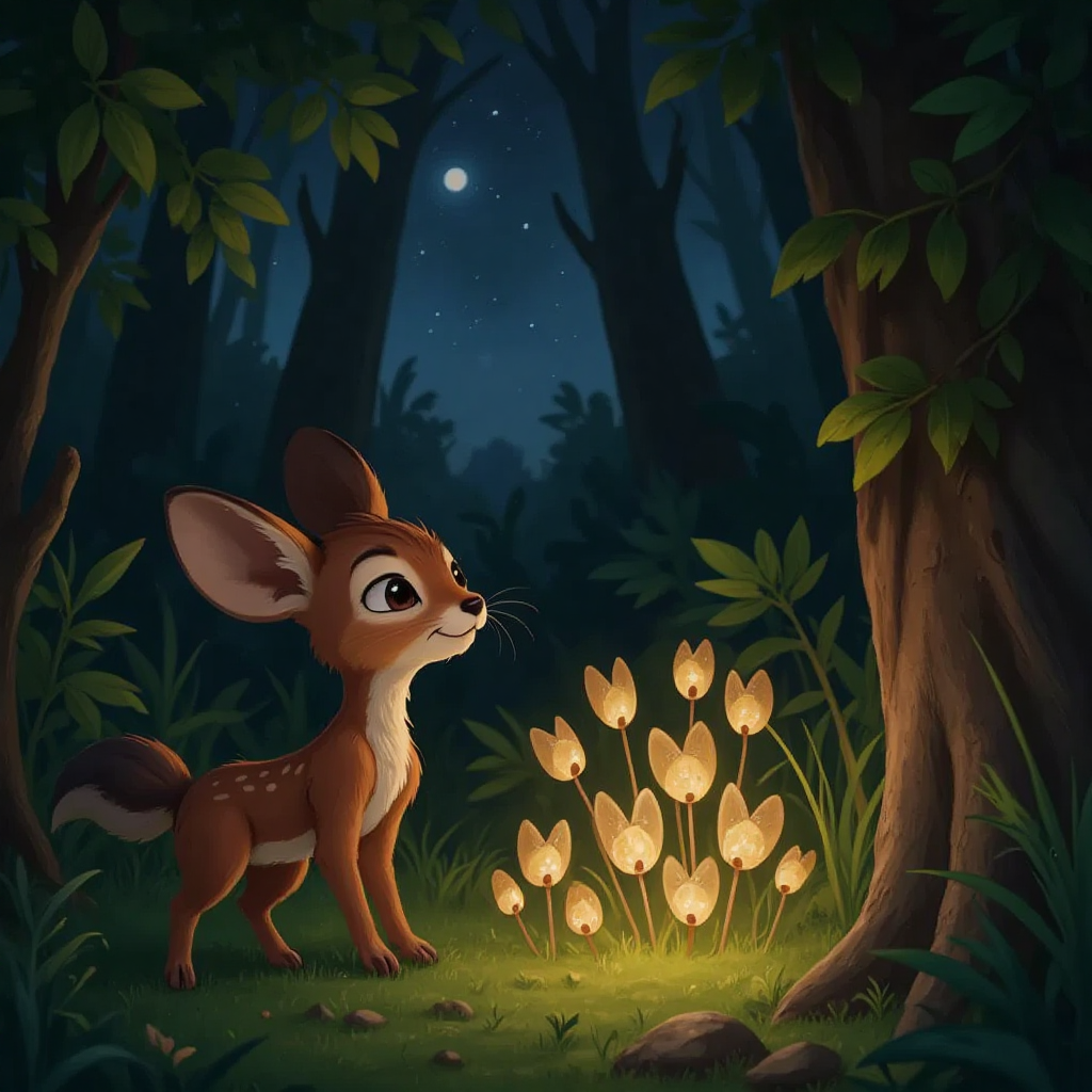 Kancil speaking to attentive fireflies whose expressions are changing from mischievous to understanding