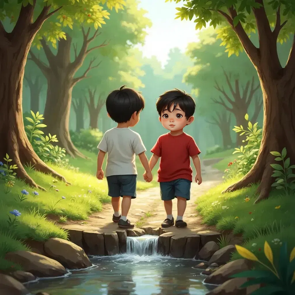 Ricky and Moi walking along a winding trail, crossing a small sparkling stream