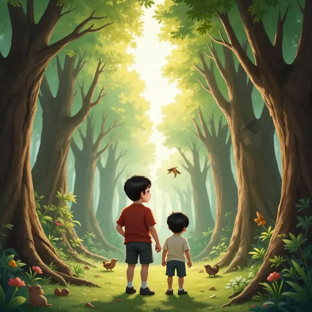 Ricky and Moi in an enchanted forest with sunlight filtering through tall trees, birds and critters around