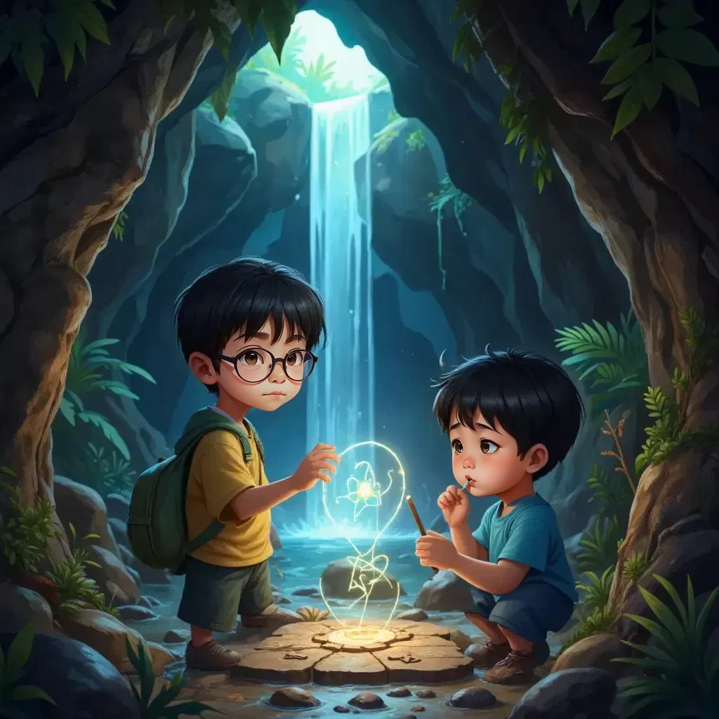 Ricky and Moi in a glowing cave behind a waterfall, solving puzzles on the walls
