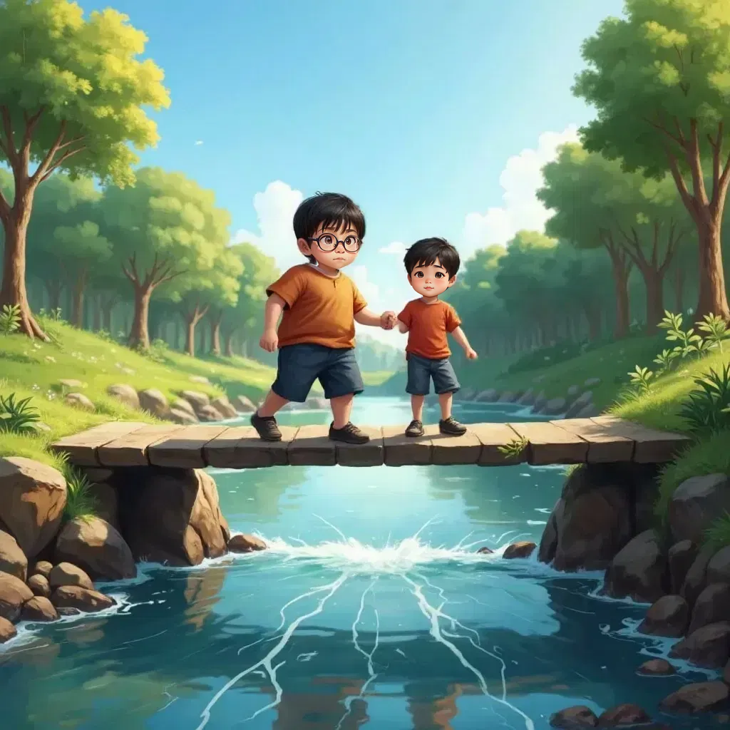 Ricky and Moi crossing a narrow bridge over a sparkling river, Ricky looking nervous, Moi smiling encouragingly