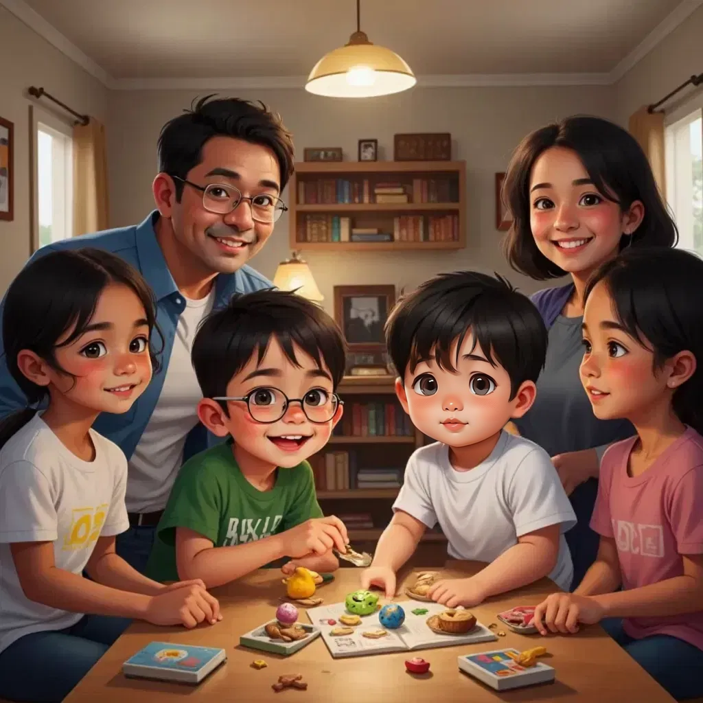 Ricky and Moi showing their family the treasures, everyone smiling and listening