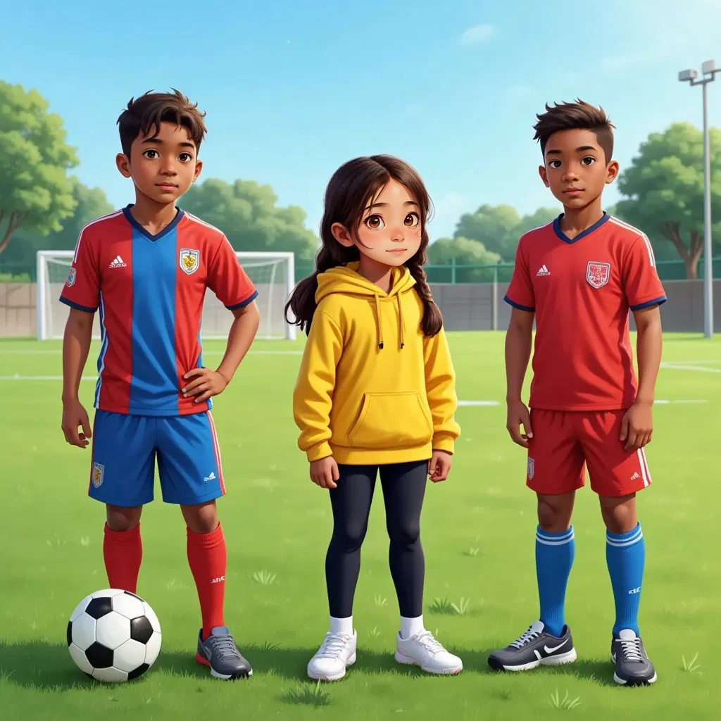 Bryson, Jada, and Malik on a soccer field, wearing colorful jerseys, with Bryson holding a soccer ball. Bryson is African American