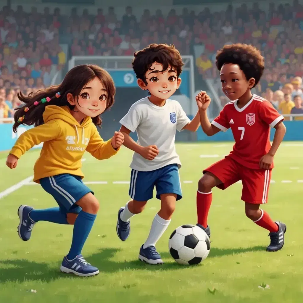 Jada swiftly running past opponents, Malik standing firm in defense, and Bryson dribbling towards the goal with determination
