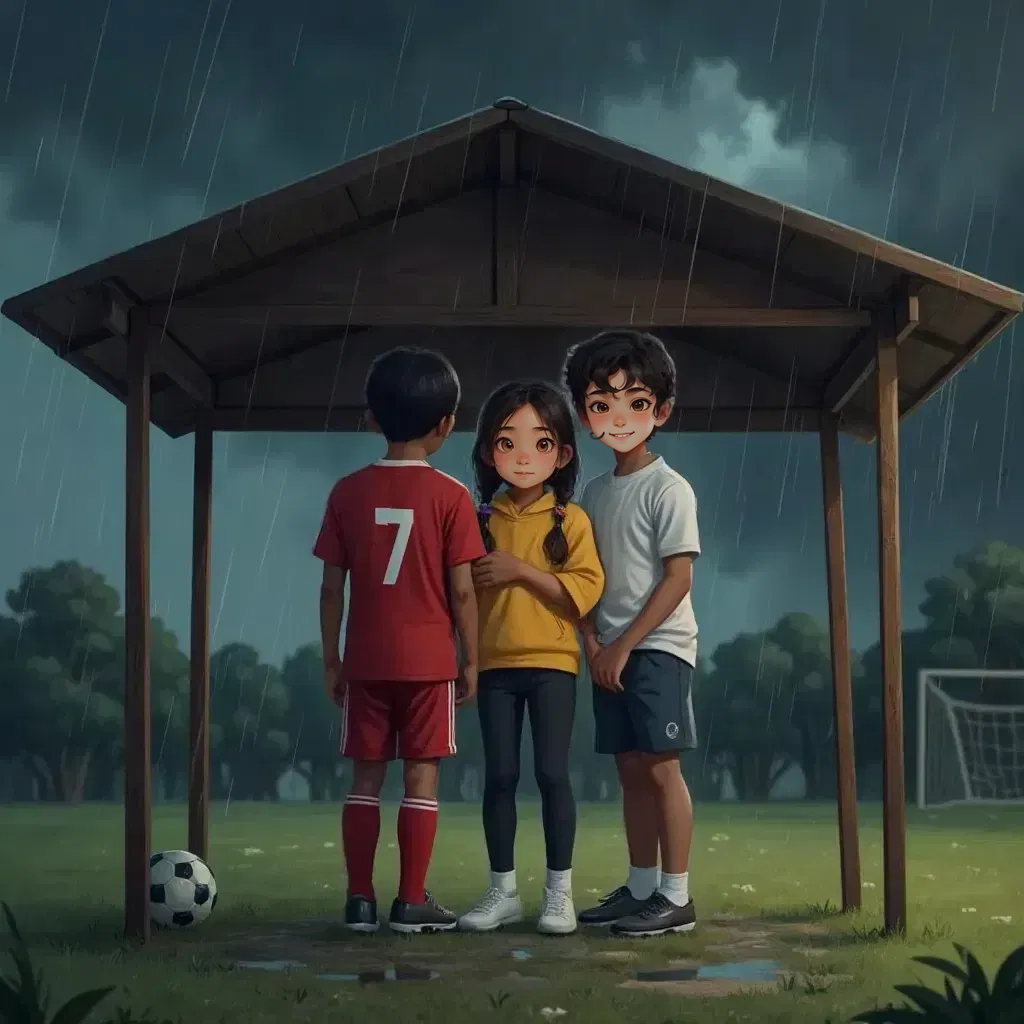 Dark clouds over a soccer field, Bryson, Jada, and Malik huddled under a shelter, with rain pouring down