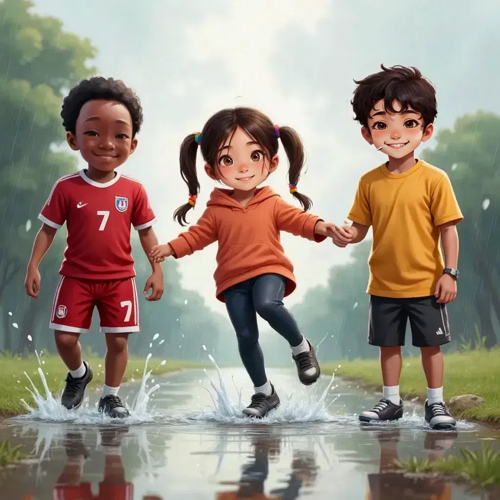 Bryson, Jada, and Malik splashing in puddles, laughing joyfully, with rain gently falling