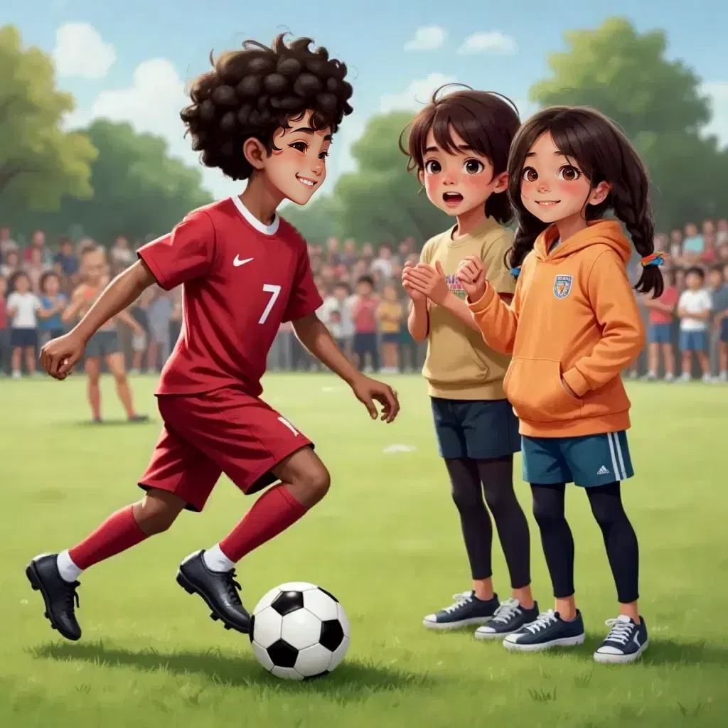 Bryson sprinting towards the goal, kicking the soccer ball with force, as Jada and Malik cheer him on