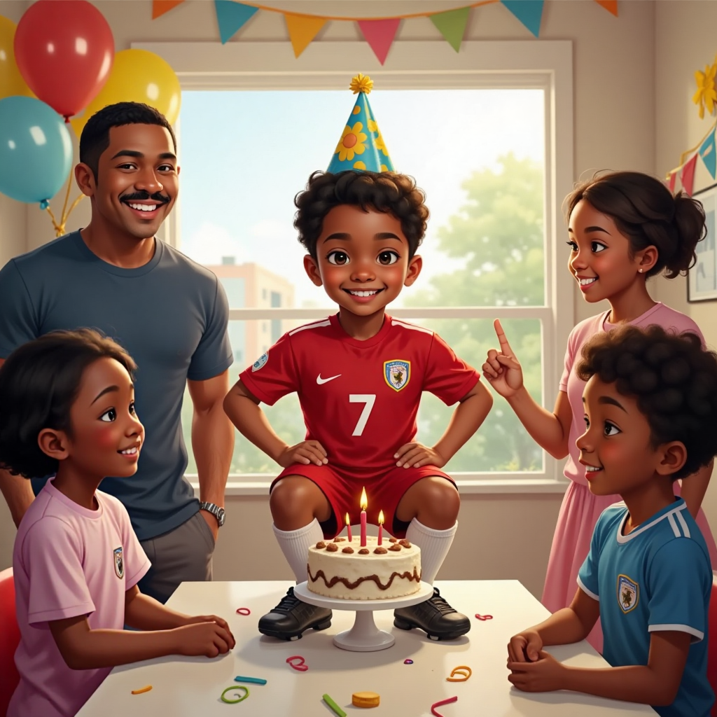 Bryson surrounded by friends and family, with a birthday cake on a table, wearing a party hat