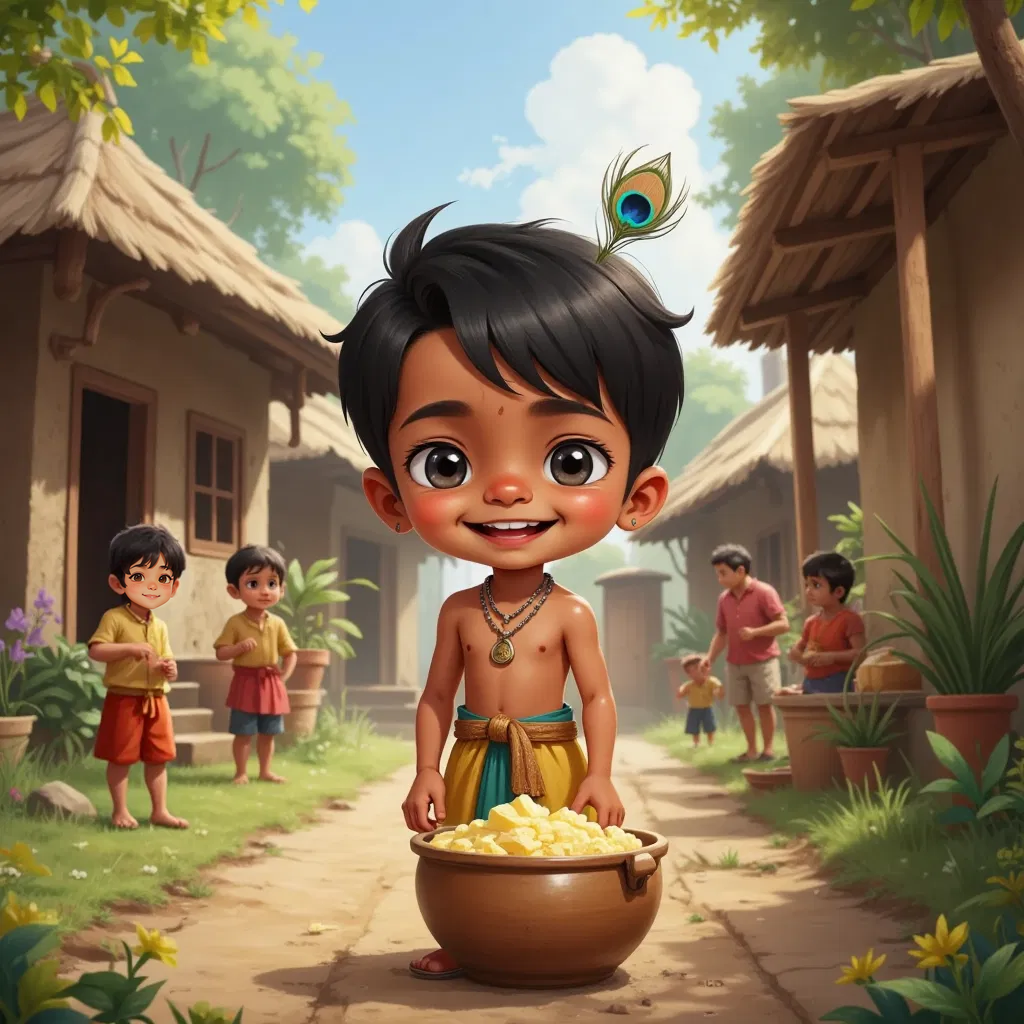 A lively village setting with Krishna, a young boy with twinkling eyes, looking excited. A big pot of butter hanging in the background.