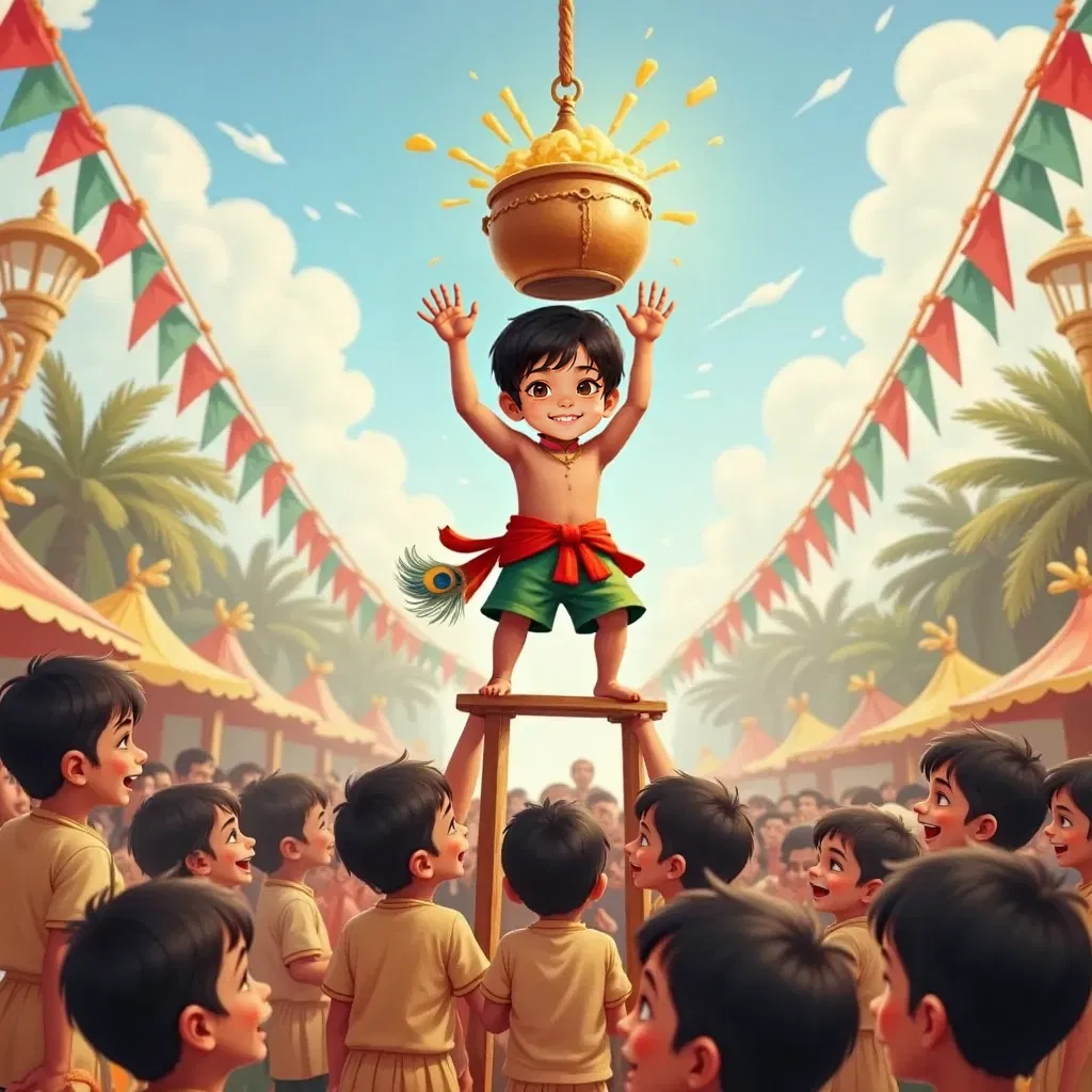 Krishna climbing a wobbly human ladder made of giggling boys, reaching for a pot of butter hanging high.