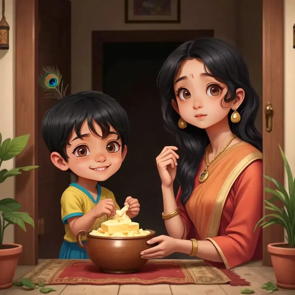 Krishna with big, innocent eyes looking at Yashoda Maa, who stands surprised in the doorway. A pot of butter nearby.