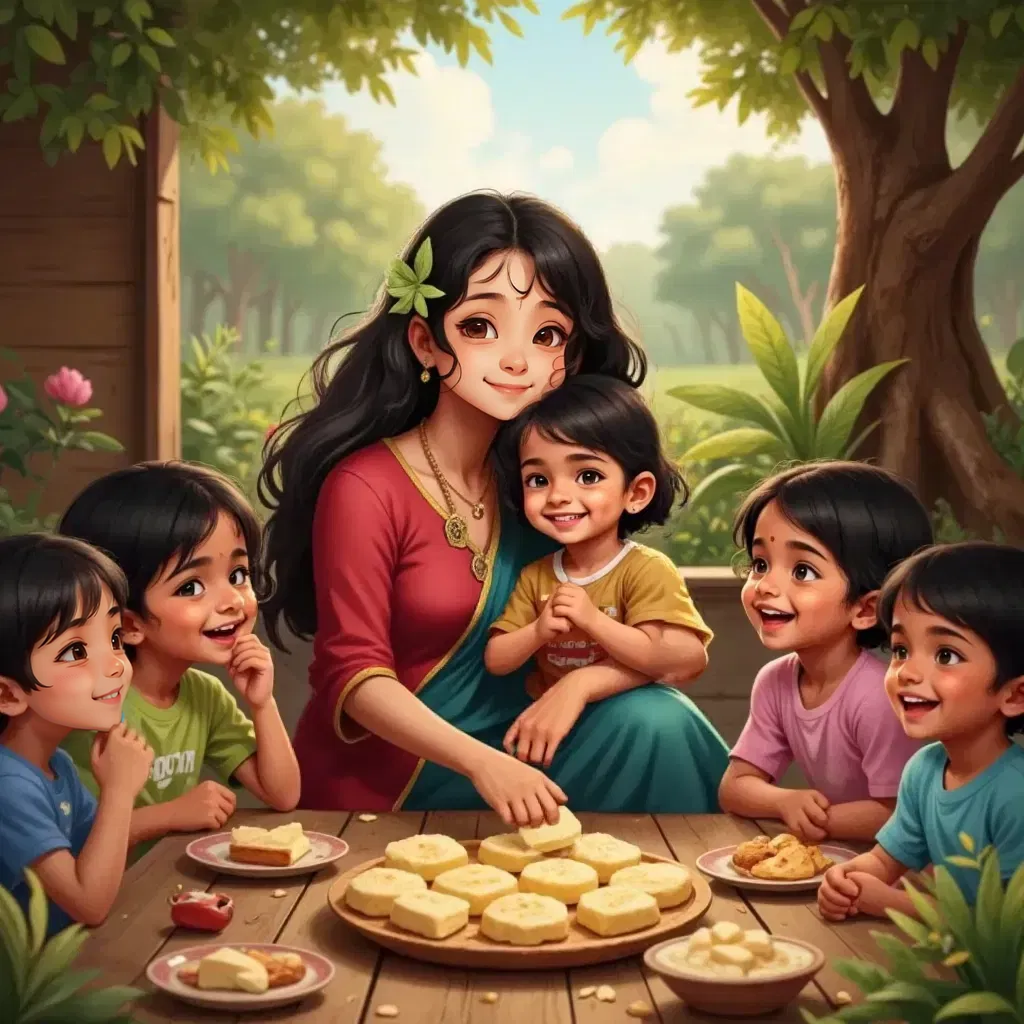 Yashoda Maa hugging Krishna with a warm smile, surrounded by happy children enjoying a butter feast.