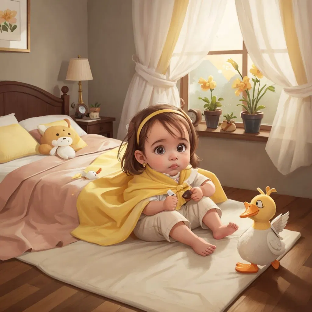 Sabi snuggled up with her soft blanket in her cozy room. Ducky, the smiling scout duck, sitting by her side. A sunset sky visible through the window.