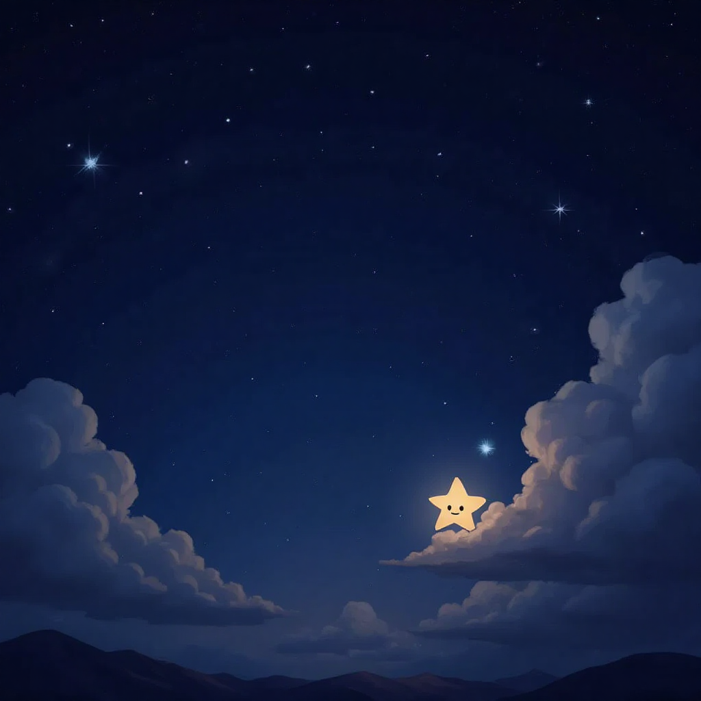 A lonely Luma, a tiny star with a face, twinkling brightly in the vast night sky. A fluffy white cloud named Puffy floating nearby.
