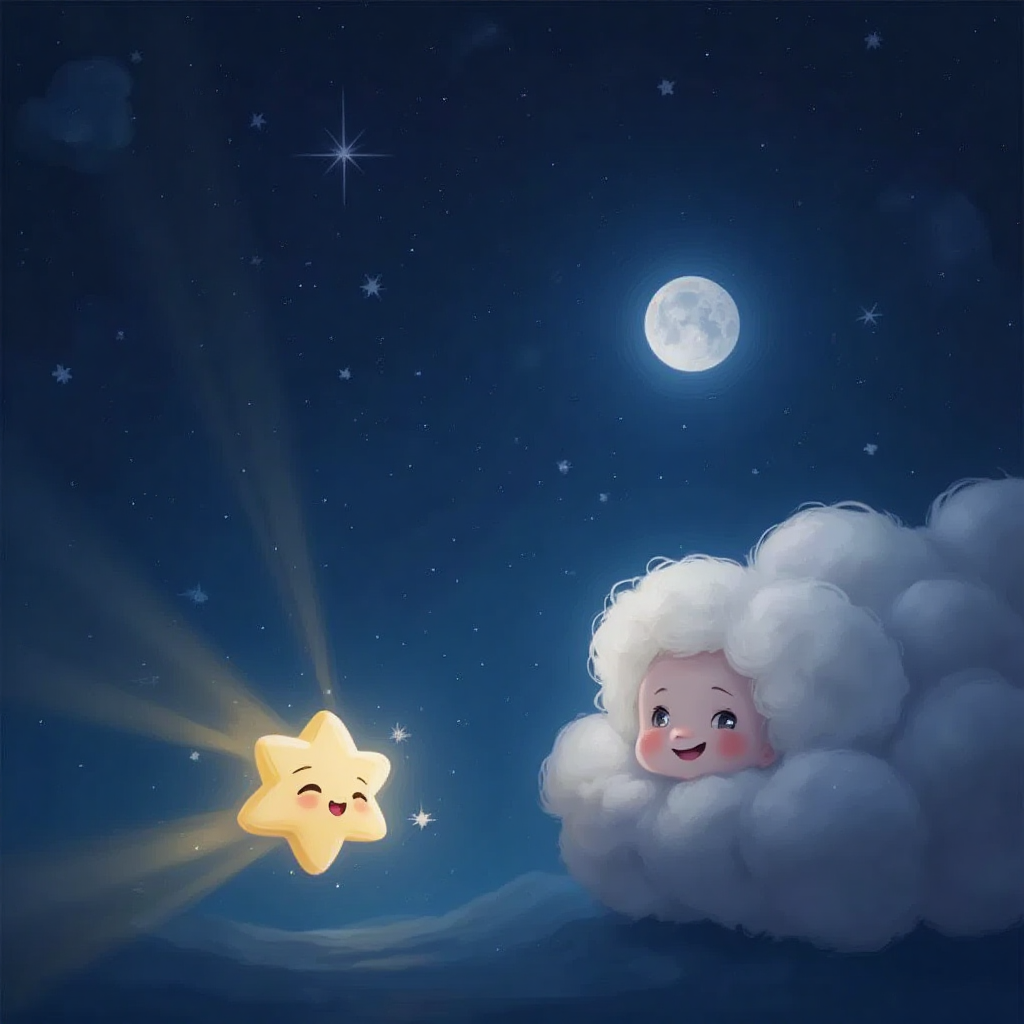 Luma, a tiny star with a face, twinkling brightly as Puffy, a fluffy white cloud, smiles cheerfully in the sky.