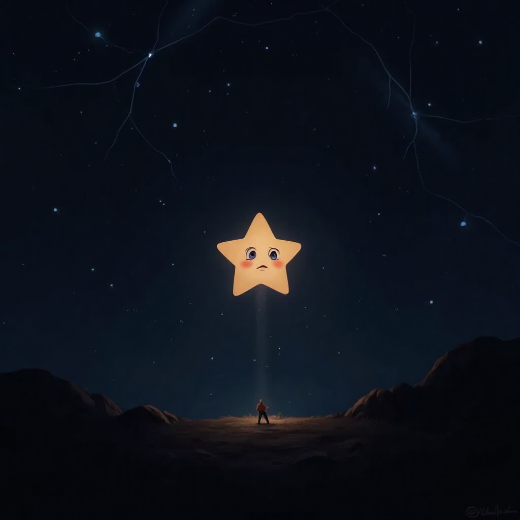 Luma, a tiny star with a face, twinkling sadly in the night sky, surrounded by distant stars.