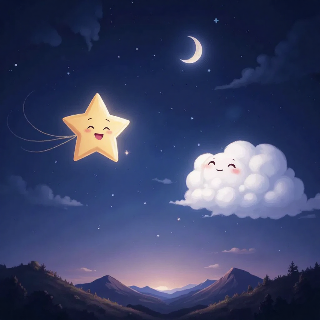 Luma, a tiny star with a face, twinkling joyfully as Puffy, a fluffy white cloud, returns to the night sky.