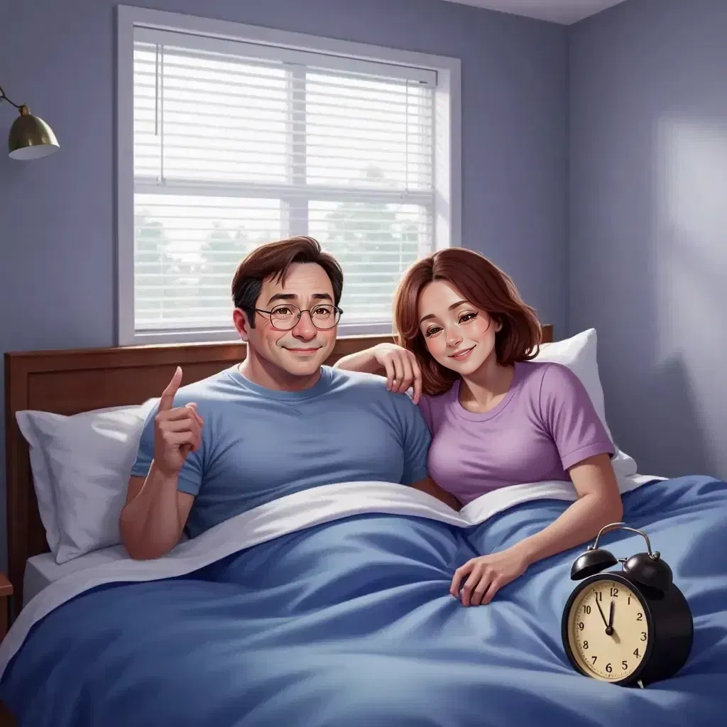 Raymond Brown's hand reaching out from under covers to slap a digital alarm clock showing 6:30 AM. Debra Brown lying beside him with one eye open, gently nudging him with her elbow. Morning sunlight filtering through partially closed blinds in their cozy bedroom.