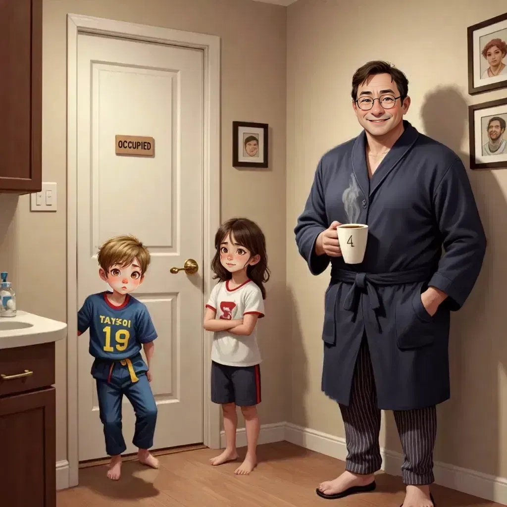 Three kids clustered outside a closed bathroom door with a 'OCCUPIED' sign. Geoffrey Brown jumping to reach the doorknob, Ally Brown with arms crossed looking annoyed, and Michael Brown leaning against the wall rolling his eyes. Raymond Brown watching from the kitchen doorway with a steaming coffee mug, an amused smile on his face.