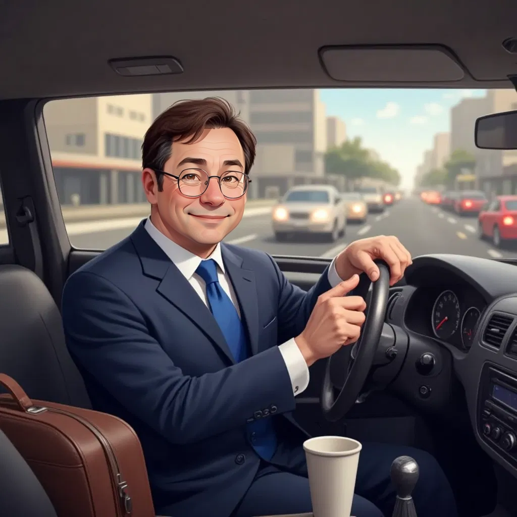 Raymond Brown sitting in his sedan stuck in morning traffic, fingers tapping on steering wheel. His briefcase and travel mug visible in the passenger seat. Through the windshield, a sea of brake lights stretches ahead. The car radio display shows an oldies station playing.