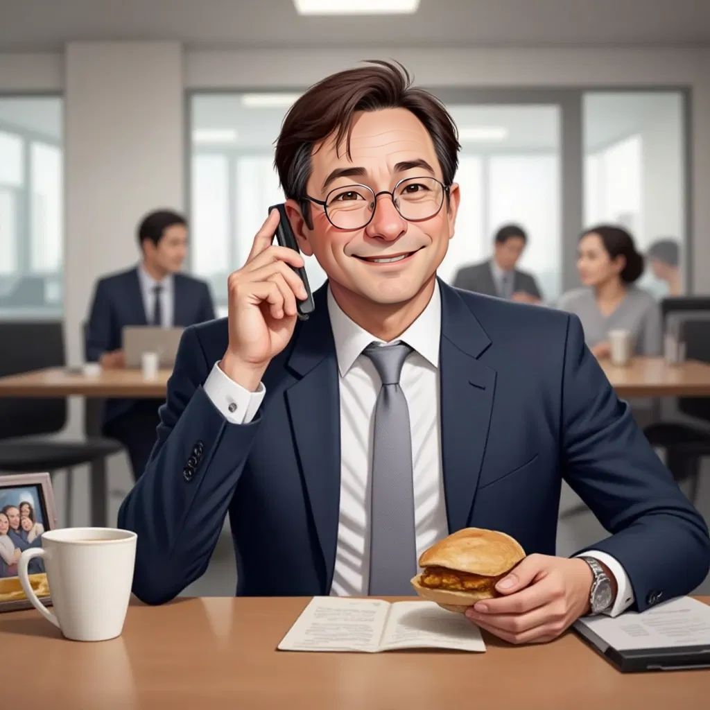 Raymond Brown sitting at a small break room table with a half-unwrapped sandwich in one hand and phone pressed to his ear with the other. A gentle smile on his face as he listens. His coffee mug and a small family photo visible on the table. Office workers visible through a glass partition in the background.