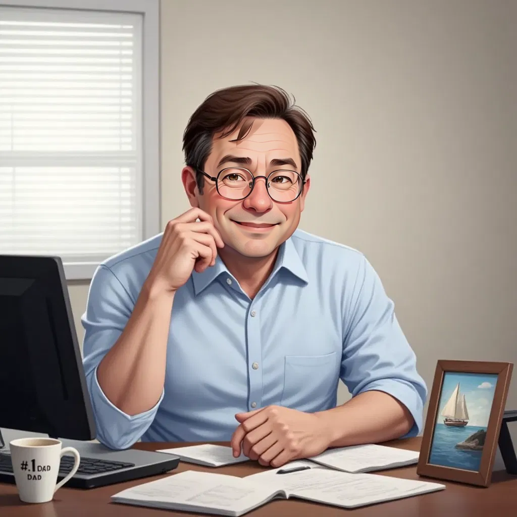 Raymond Brown at his desk staring out the window, chin resting on hand. His computer screen displays financial reports while his mind clearly elsewhere. A large coffee mug with '#1 Dad' printed on it sits beside a stack of papers. A small framed photo of a fishing boat visible on his desk.