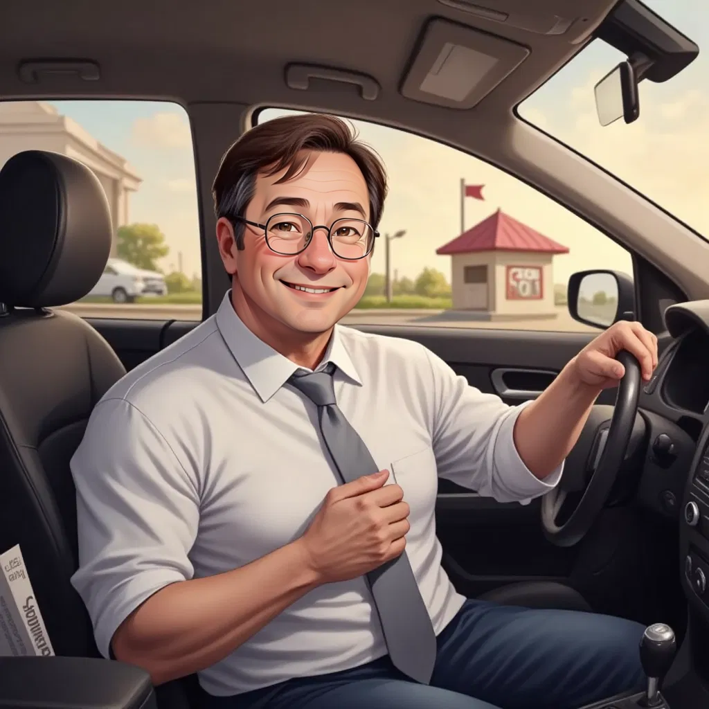 Raymond Brown in his car with one hand on the wheel, the other loosening his tie. A small ice cream shop visible through the passenger window. The dashboard shows 5:30 PM. A fishing magazine peeking out from his briefcase on the passenger seat. Sunset colors beginning to appear in the sky.